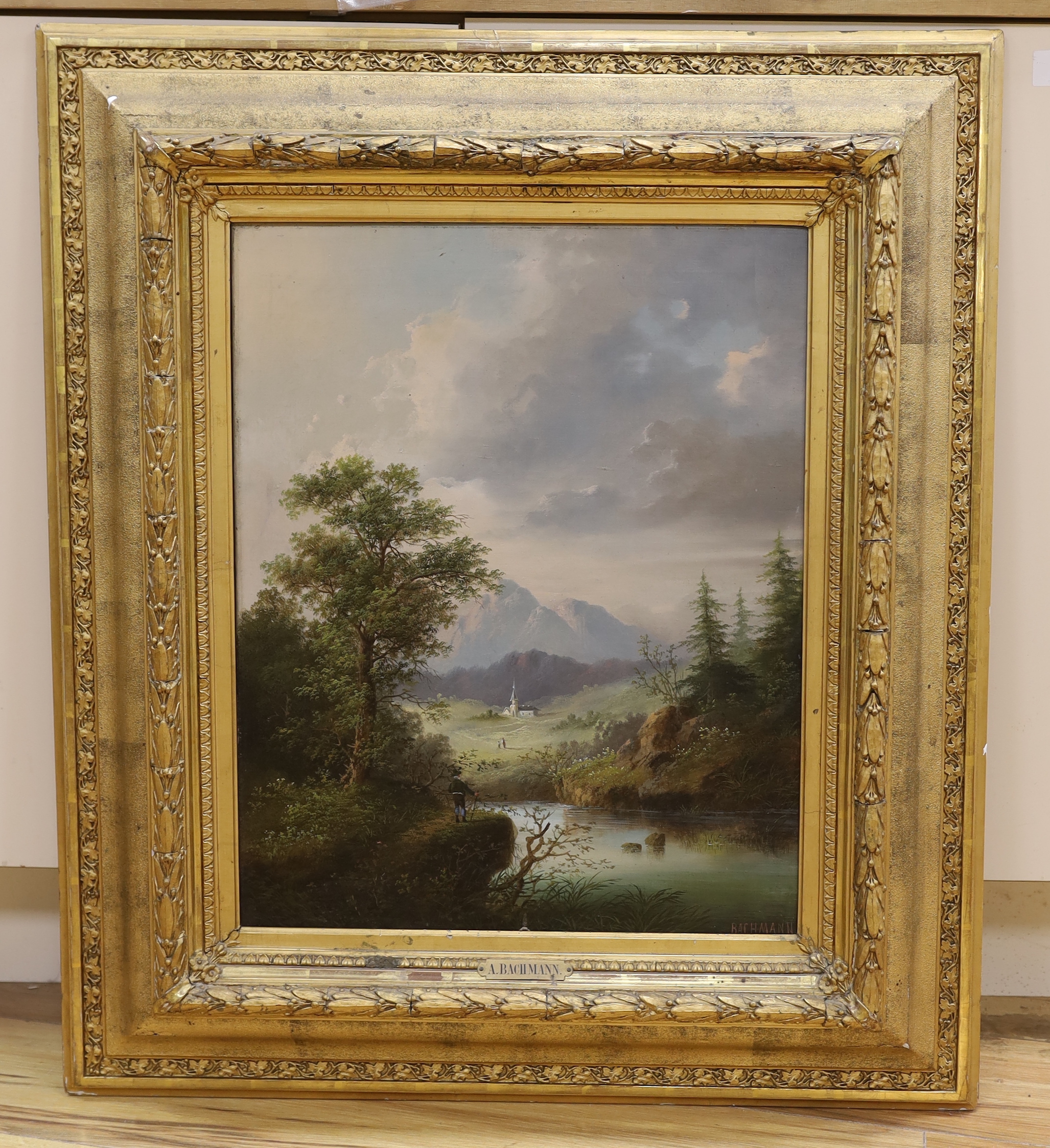 Alfred Bachmann (German, 1863-1956), oil on canvas, Continental river landscape before mountains, signed, 51 x 41cm, applied plaque to the frame